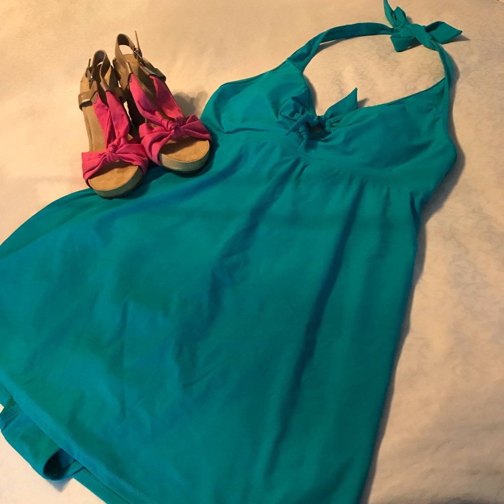 Spanks aqua blue one piece bathing suit